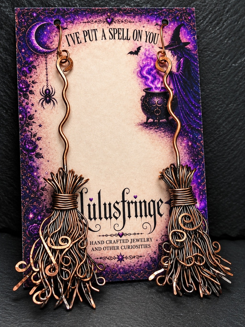 Witches Broom Artisan Copper Dangle Earrings - Witchcore